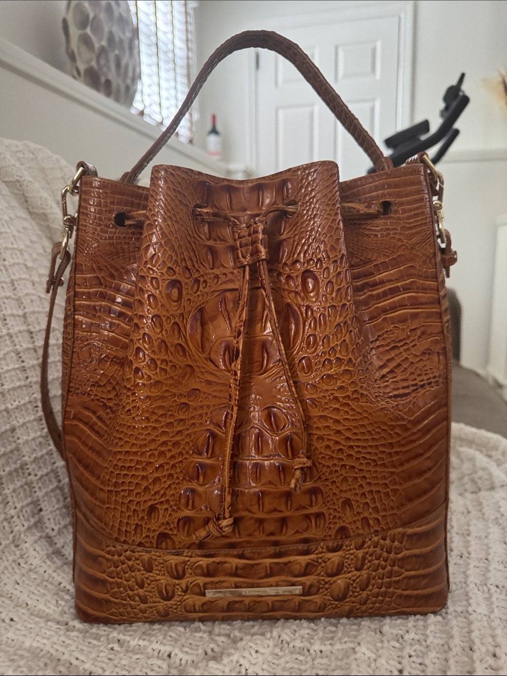 Brahmin Cognac Croc-Embossed Drawstring Bucket Bag